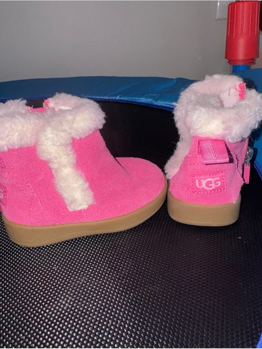 UGG Kids Bright Pink Suede Shearling Boots with Tan Soles